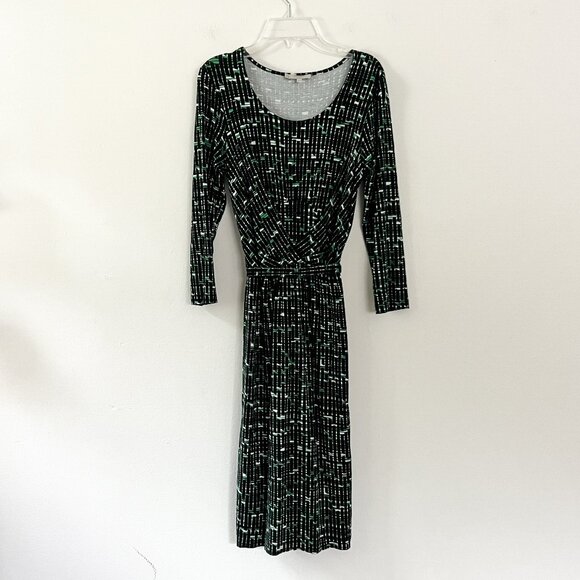 Hobbs // Ruched-Front Black Green White 3/4-Sleeve Jersey Dress 2 - Picture 1 of 7
